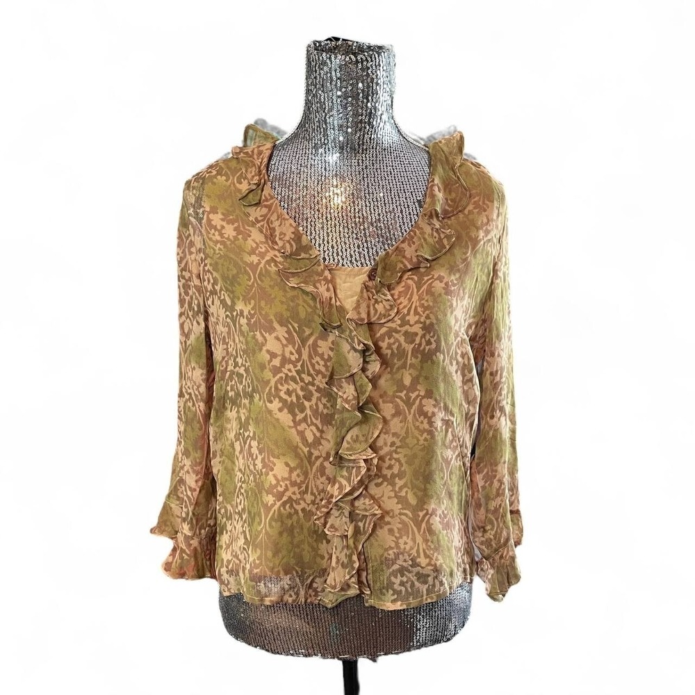 Vintage‎ Y2K Whimsigoth Sheer Silk Floral Ruffle Flare Sleeve Blouse Medium Boho